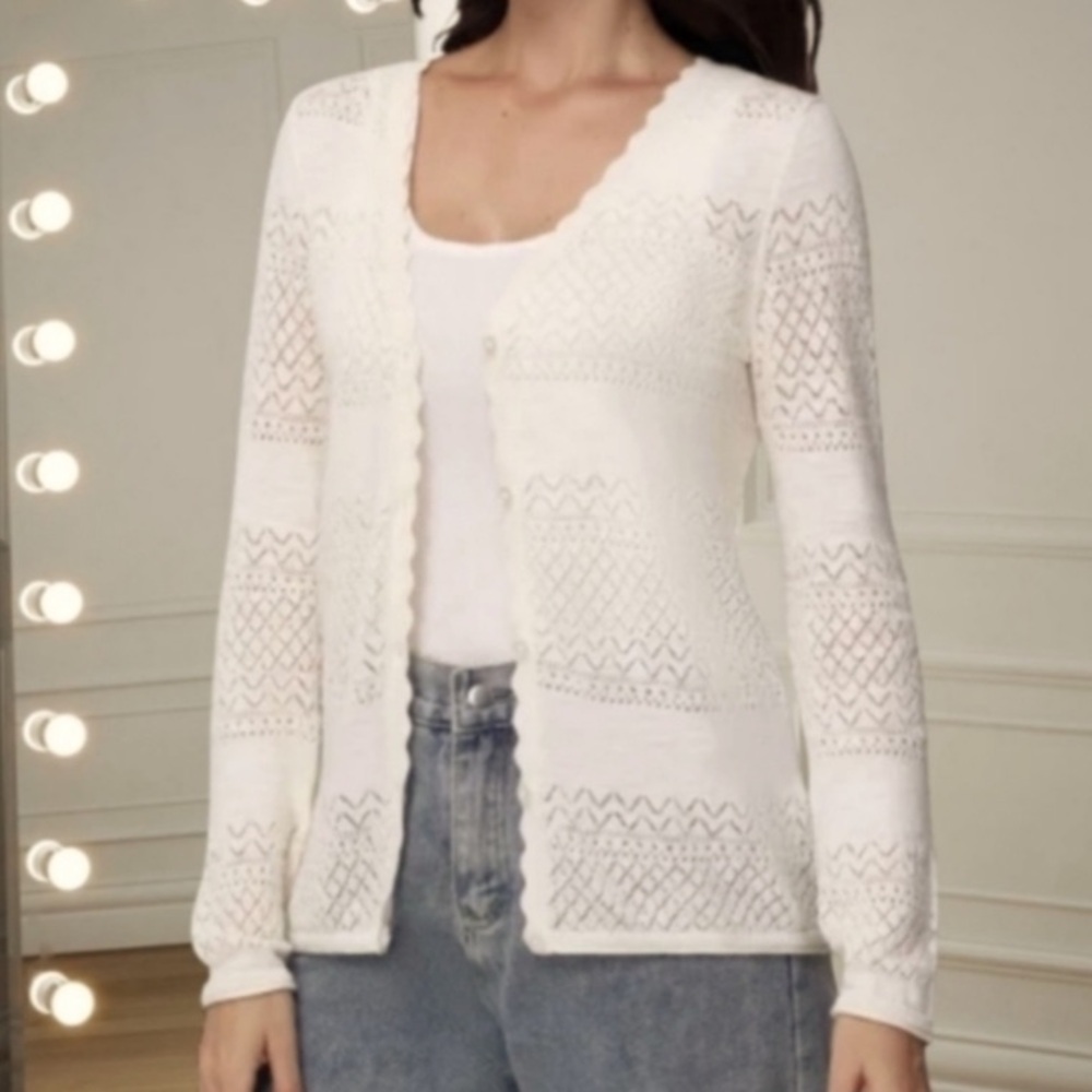 Frye Pointelle Cream Cardigan 100% Cotton  Women's Lightweight Sweater sz Small